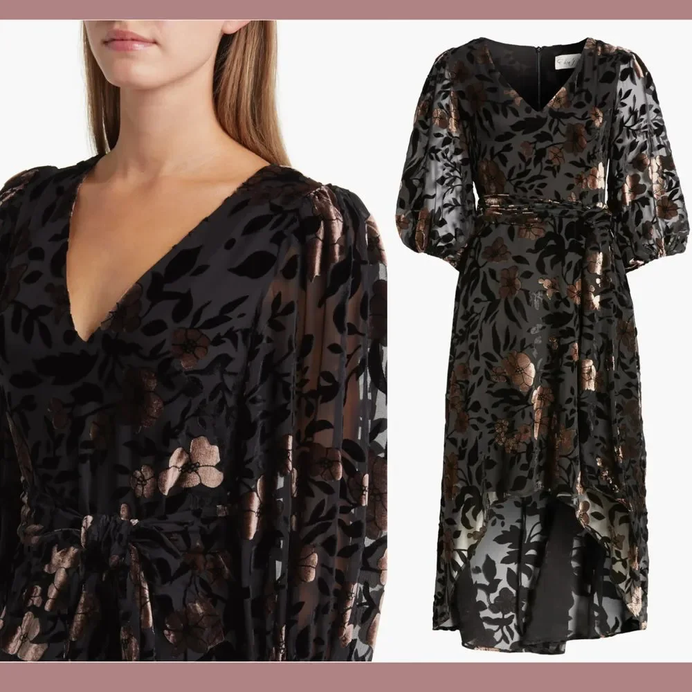 NWT $198 Eliza J [ 0 ] Velvet-Burn Floral Puff Sleeve High Low Dress Black #J238